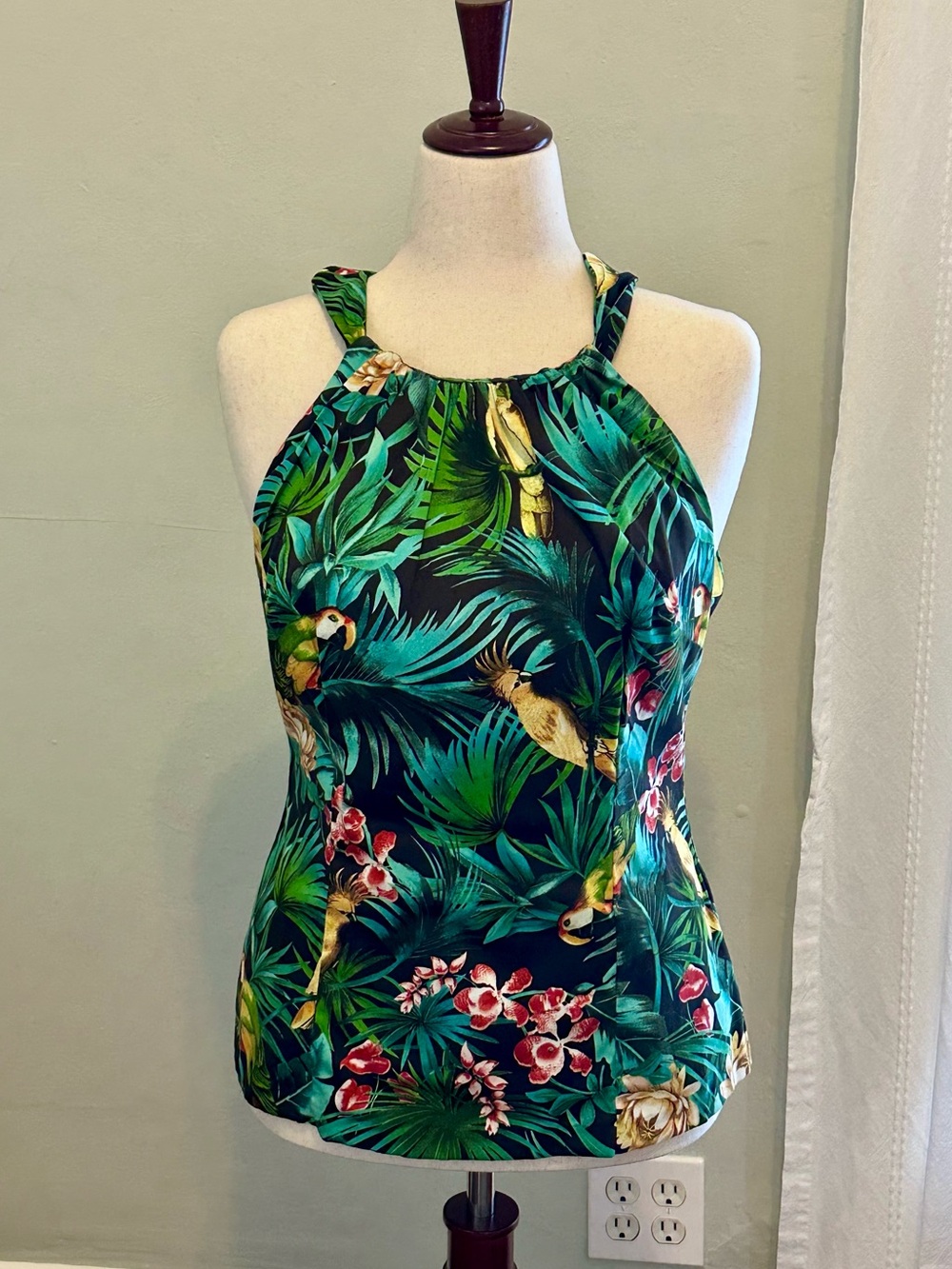Pinup Couture Tropical Parrot Halter Tank Top in Green and Black